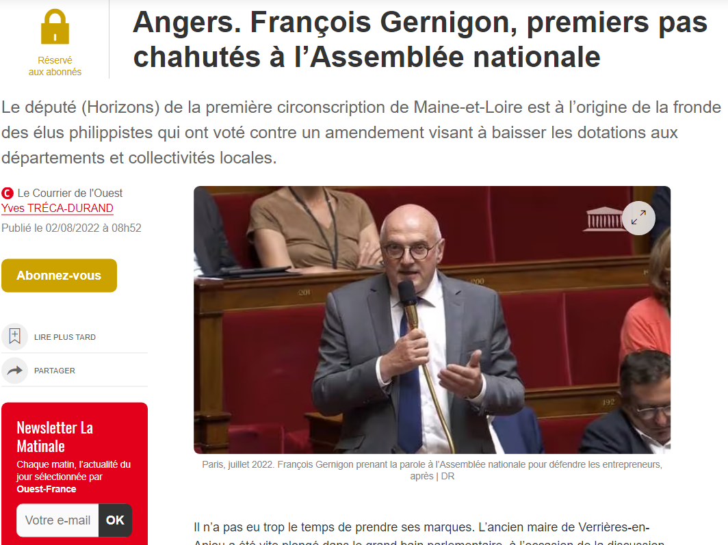 Courrier de l’Ouest – Premiers pas à l’Assemblée nationale